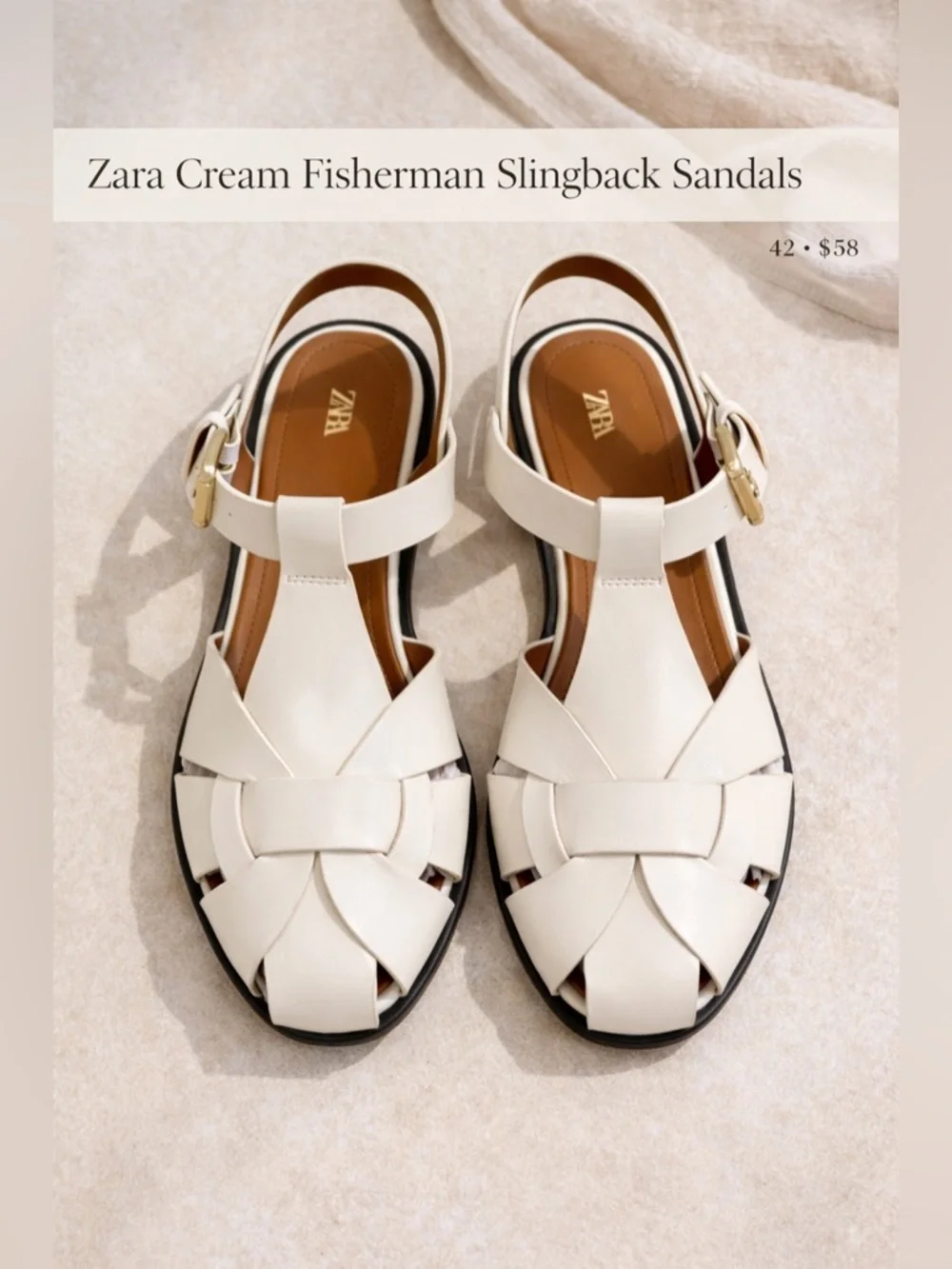 Zara Cream Fisherman Slingback Sandals Buckle Strap Size 42 - Picture 1 of 6